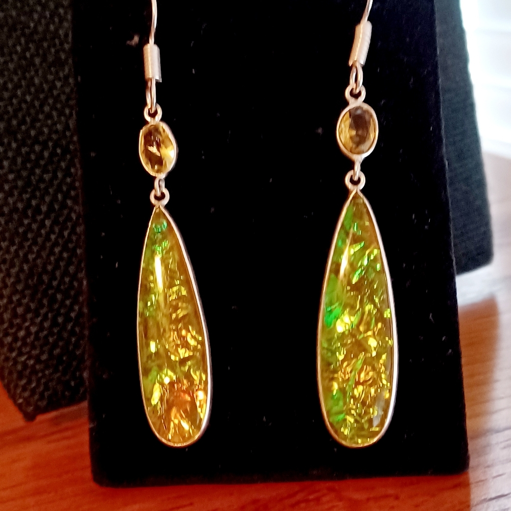 NWOT Opal Triplett Gemstone 925 Sterling Silver Plated Earrings 2.75" long.